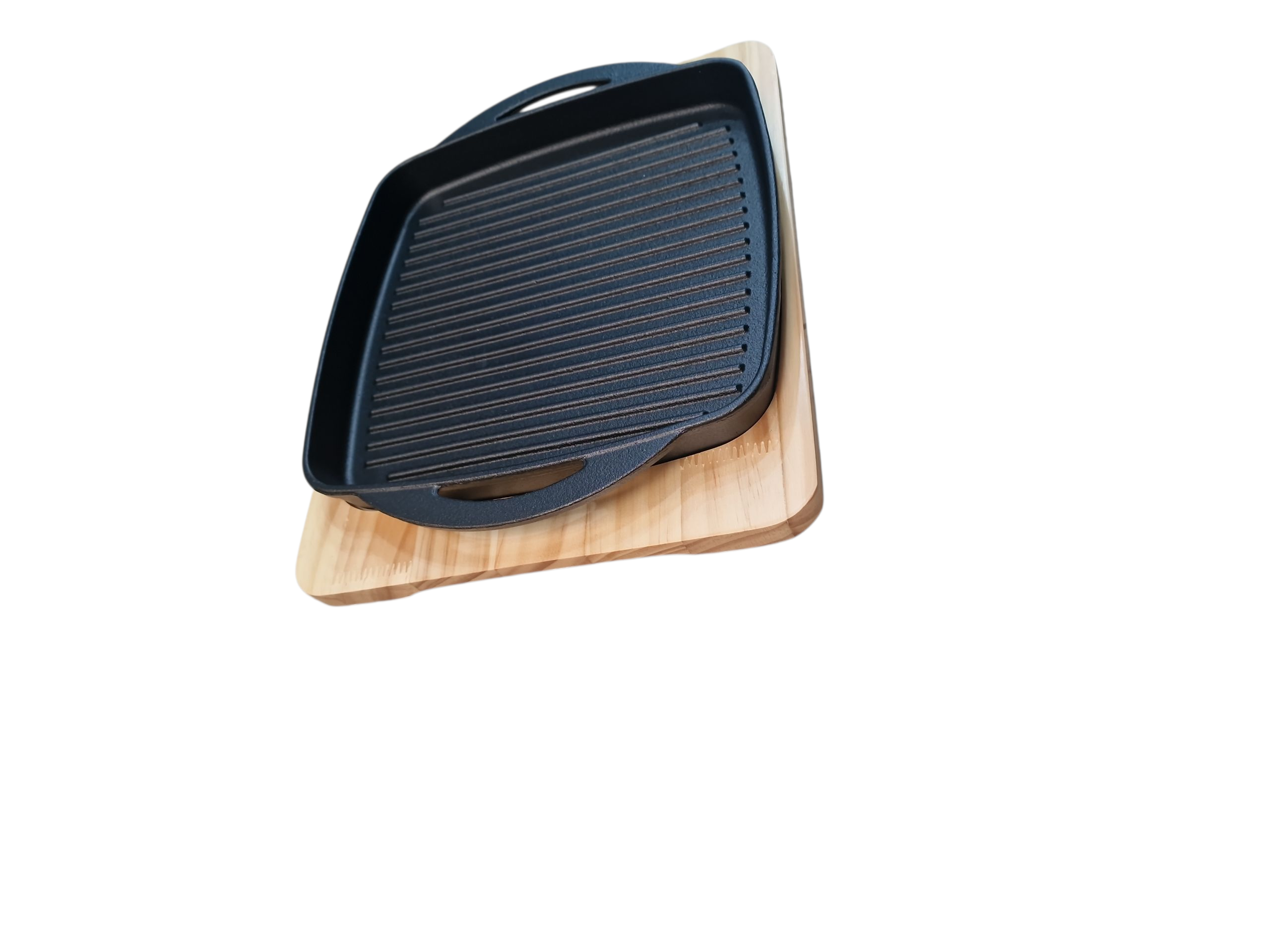 Сковородка-гриль чугунная квадратный с деревянные подставка 27см (TB8257)