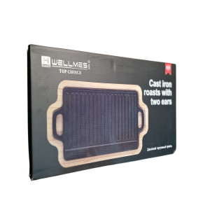 Сковородка-гриль чугунная квадратный с деревянные подставка 37*22,5см WN2301